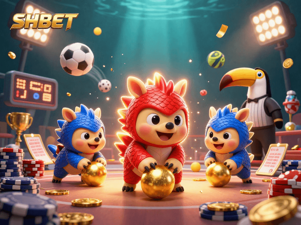SHBET pangolins compete in a vibrant casino scene filled with poker chips and sports elements.
