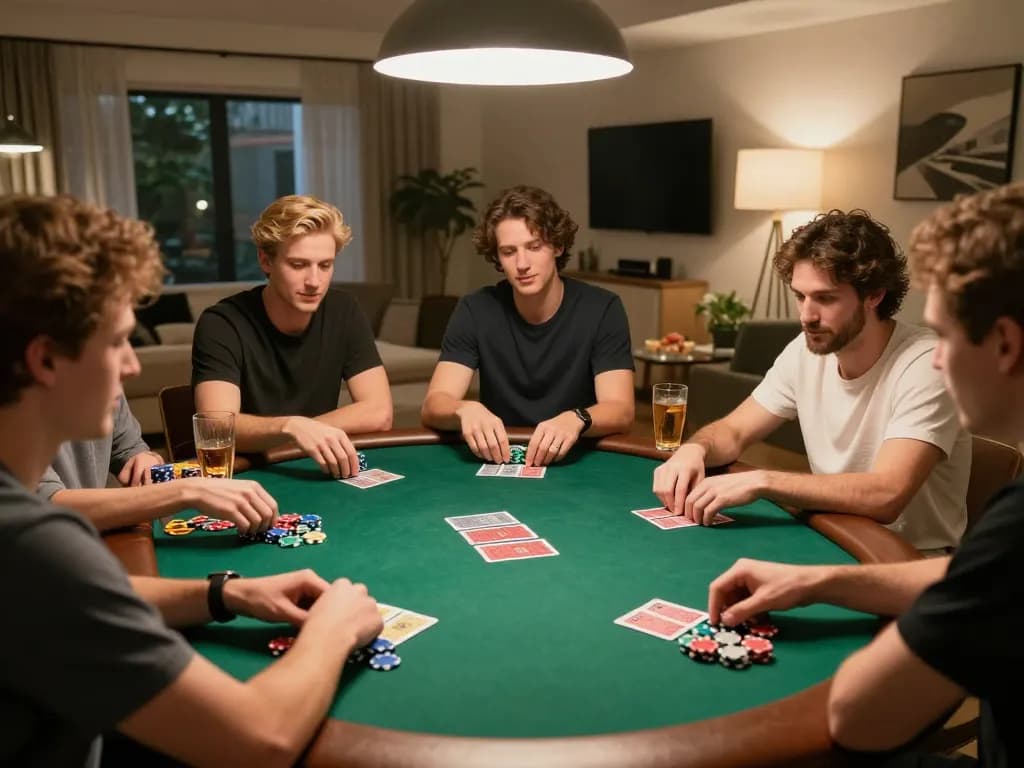 Engaged players practicing strategies and placing bets at a lively home poker night with 89 bet.