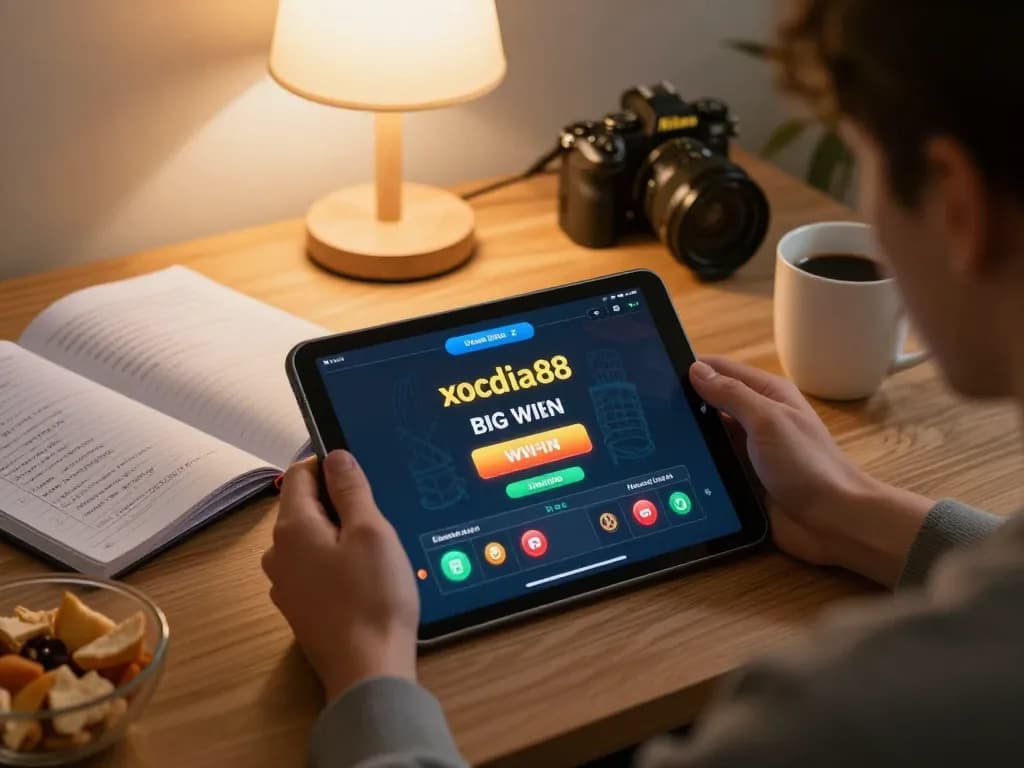 xocdia88 app displayed on tablet as player engages in online gambling from a cozy home setup