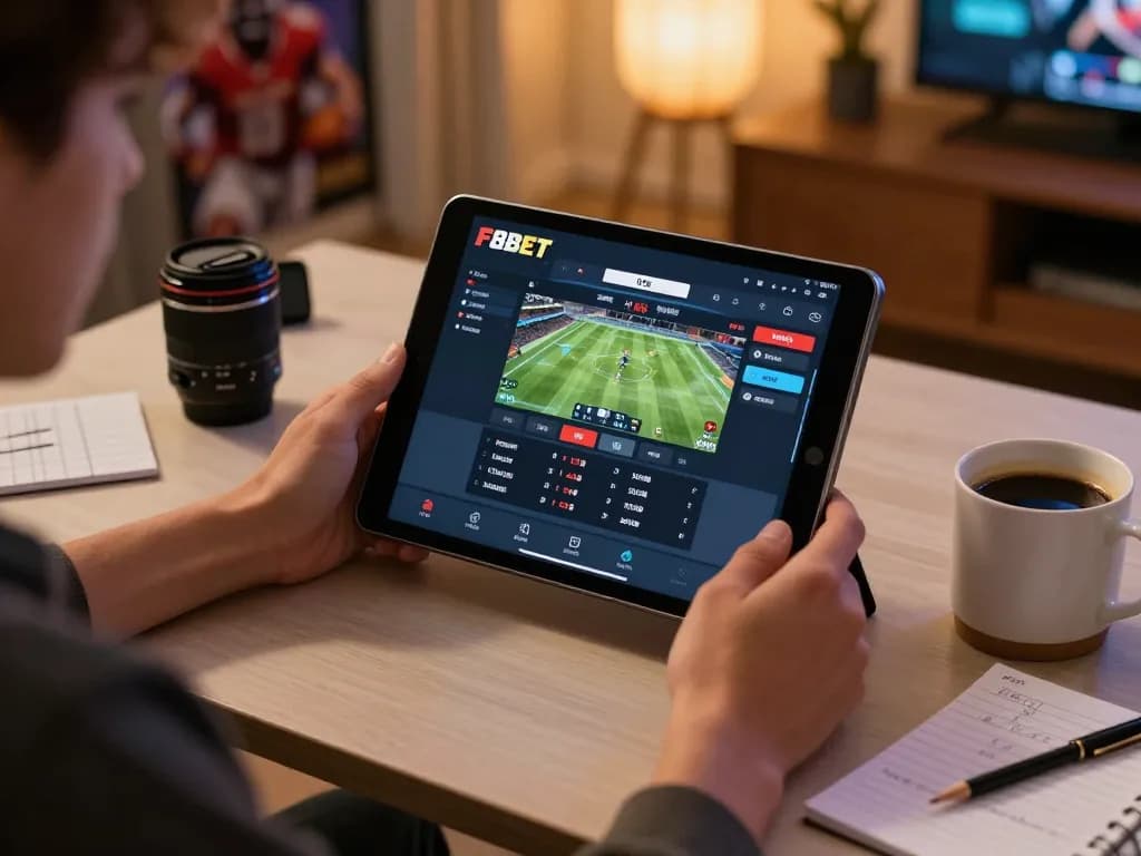 Experience sports betting excitement with F8BET on a tablet in a cozy home setting