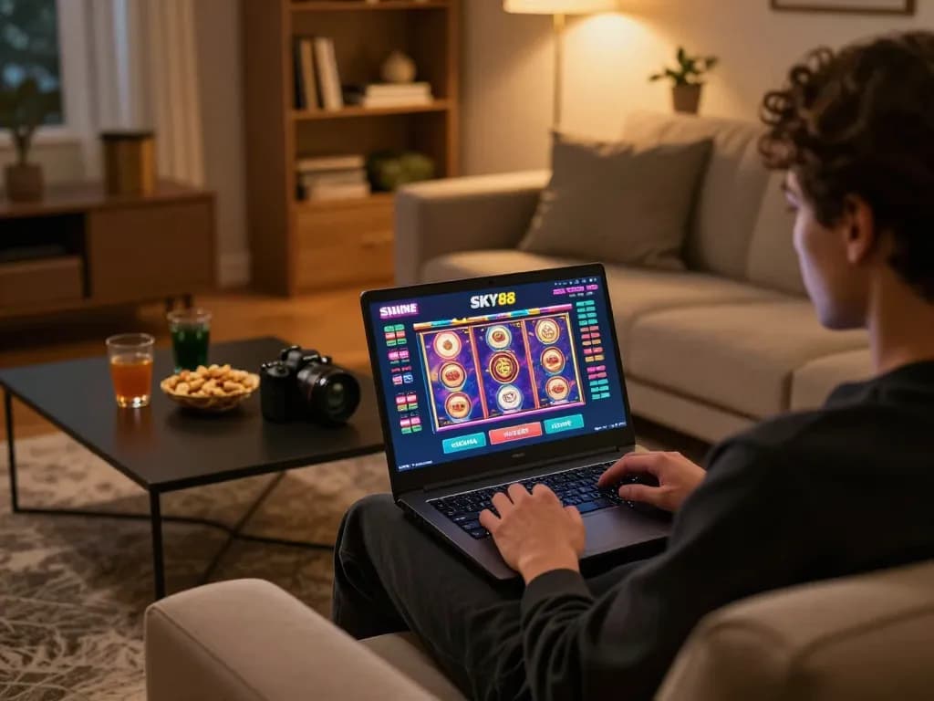 Engaging in online gambling on SKY88 from home with vibrant slot games displayed.