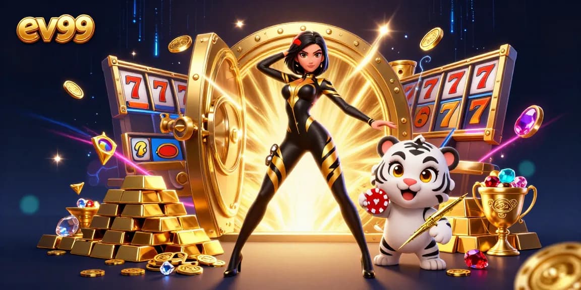 ev99 showcases a thrilling casino scene with a stunning character and golden treasures.