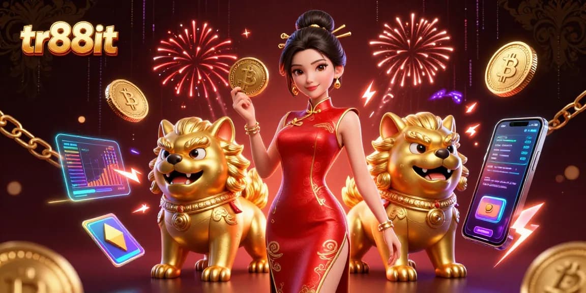 Experience thrilling gameplay at tr88it with a dazzling casino scene featuring a glamorous Asian woman and playful foo dog guardians.