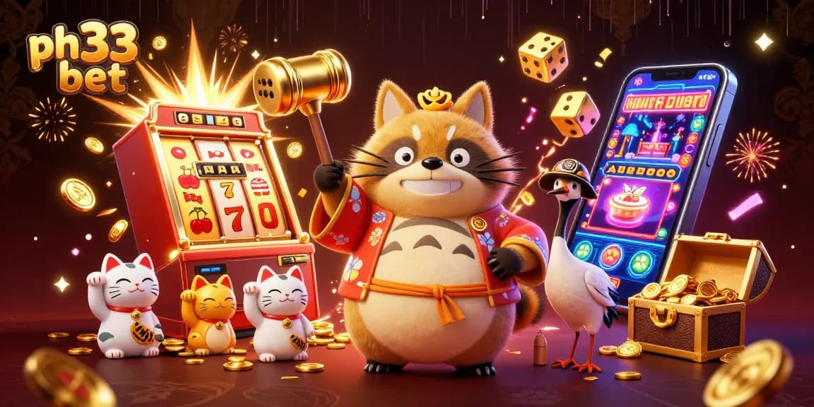 Play ph33 bet for exciting wins in a vibrant 3D casino illustration featuring lucky characters and symbols.