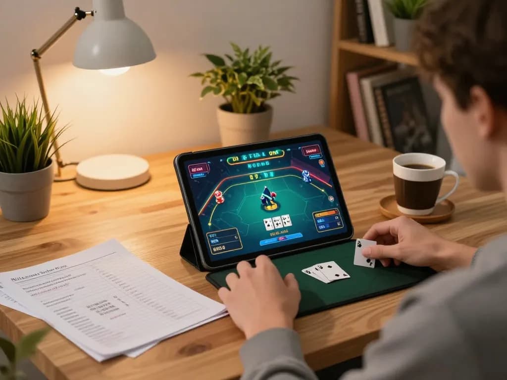 Engaging in an exciting poker match on 888top while using a tablet in a cozy home.