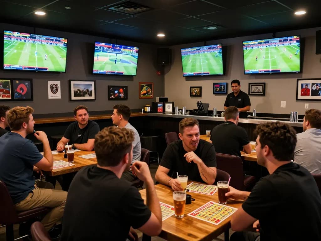 Bsport enthusiasts engaging in live sports betting at a vibrant bar with multiple screens