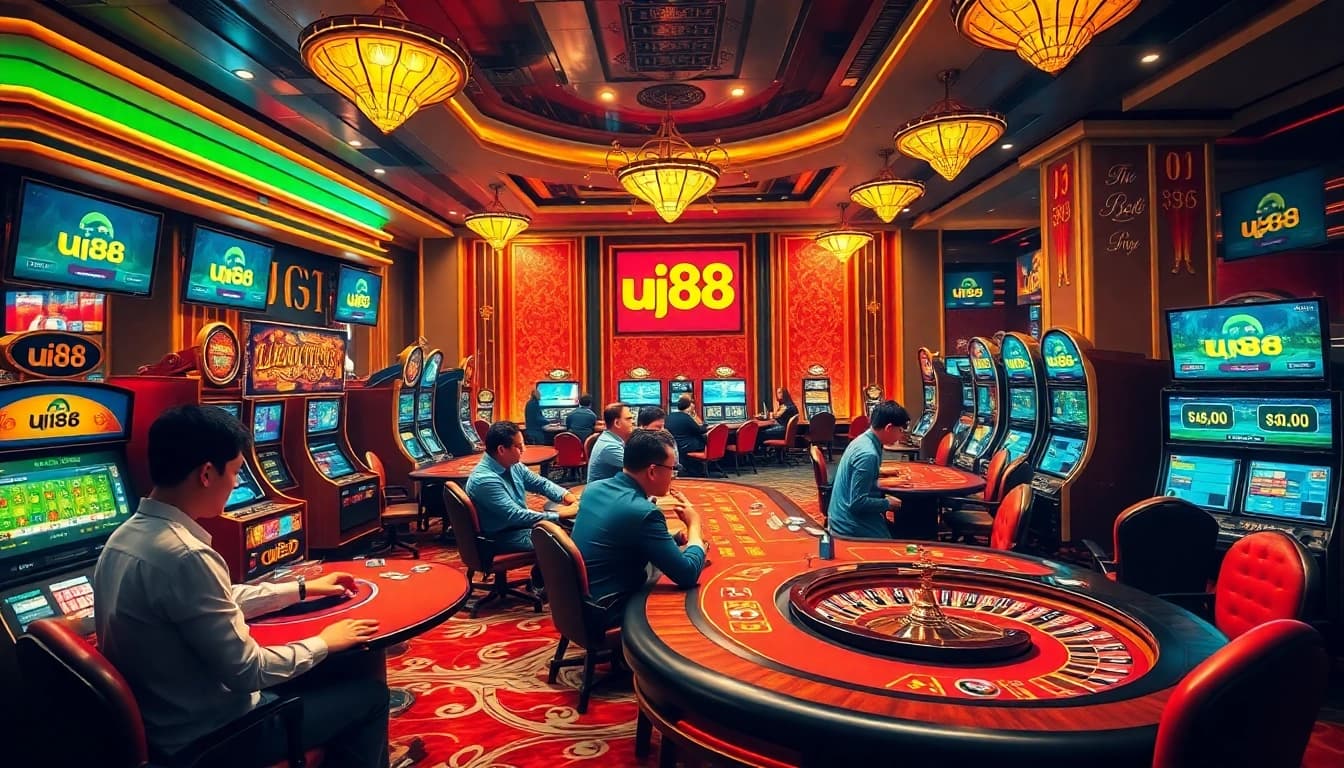 Experience thrill at uu88's vibrant online casino with players engaging in lively games at luxurious tables.