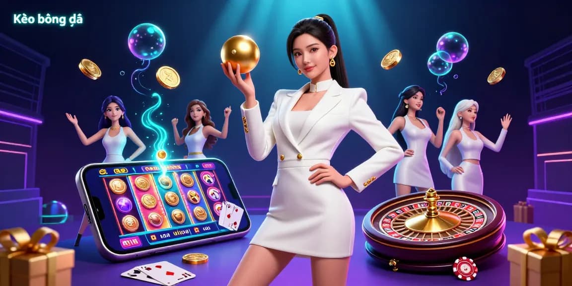 Kèo bóng đá promotional illustration featuring a confident Asian woman with a roulette ball, dynamic casino elements.