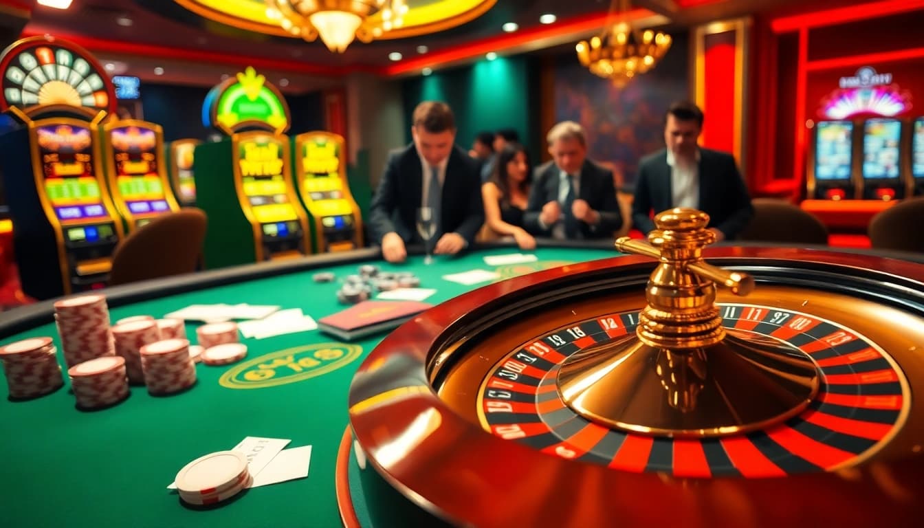 Engaged players enjoying keo nha cai 5 at a luxurious casino, with vibrant poker chips and a spinning roulette wheel.