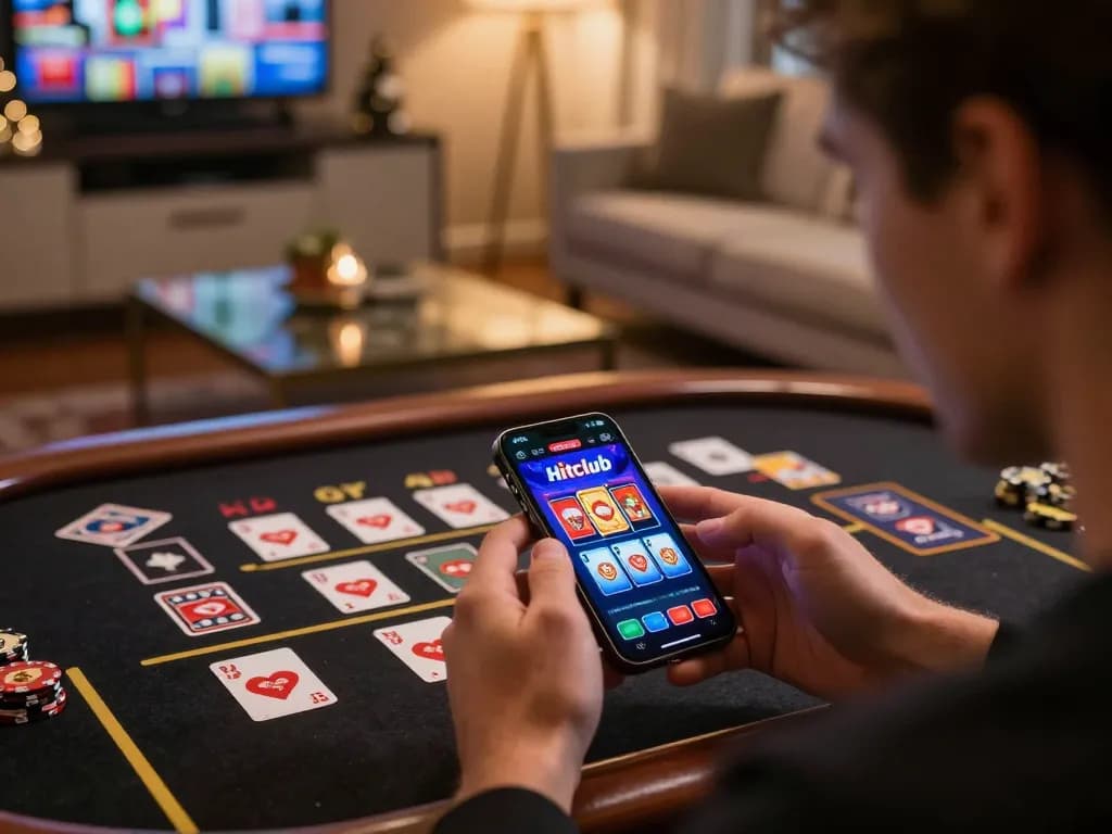 Player engaging with the Hitclub app, experiencing vibrant online casino action from a cozy living room.