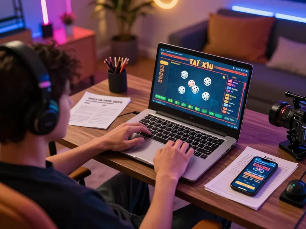 Engaged player betting on Tài Xỉu in a cozy home environment, showcasing online gambling excitement.