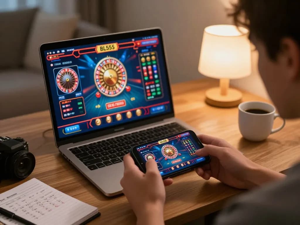 Engaging with the BL555 gambling app on a smartphone in a cozy living room setting.