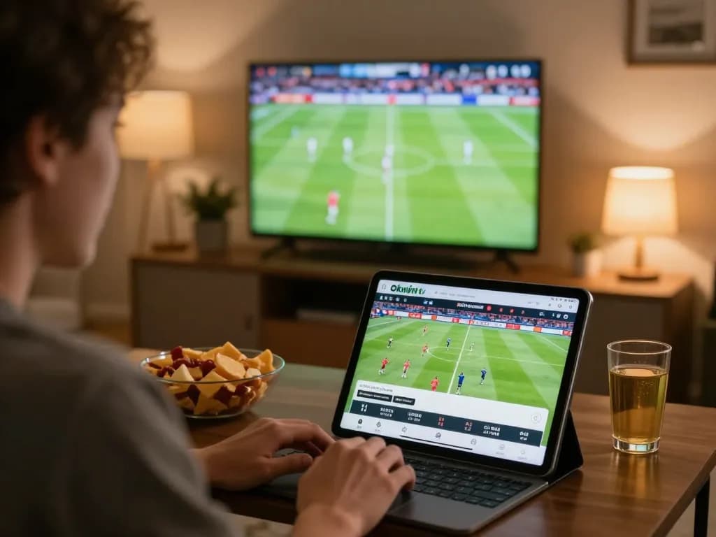 Experience the thrill of sports betting with Okwintv while watching live matches on a cozy tablet setup.