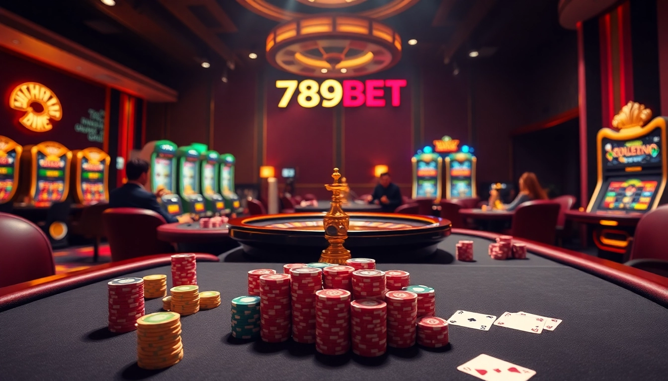 A dynamic casino scene featuring 789BET with players enjoying thrilling games at luxurious tables and vibrant slot machines.