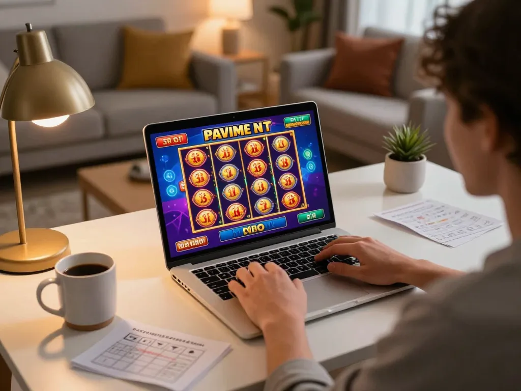 WIN33 online gaming session showing an excited player interacting with a vibrant slots interface at home