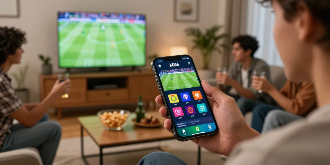 A user engaged with KO66 app in a festive home setting with friends, celebrating a betting win.