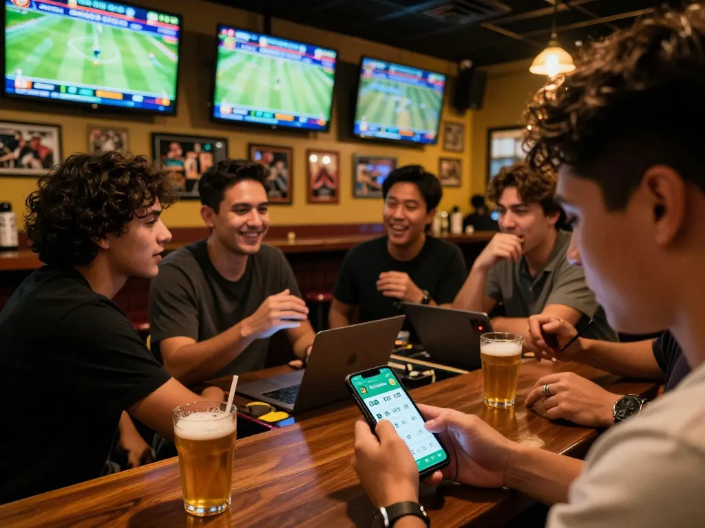 Kèo Nhà Cái 5 sports betting action during a lively evening at a sports bar, showing engaged players and screens.