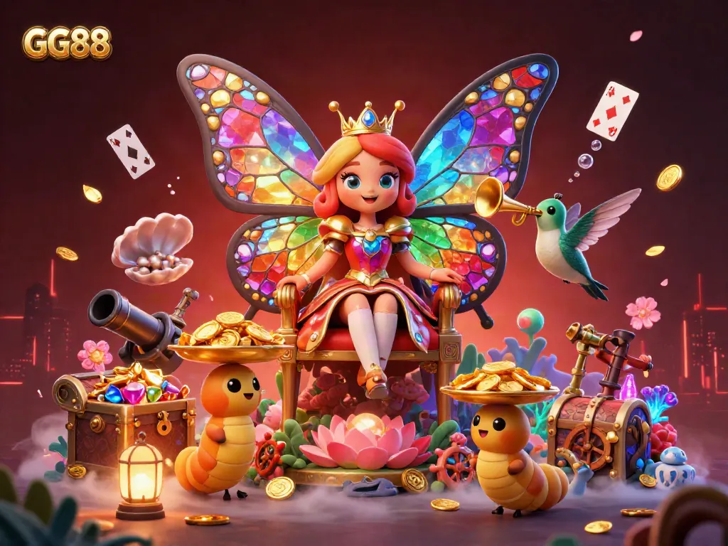 Experience the vibrant GG88 adventure with a butterfly queen in this dazzling casino scene.
