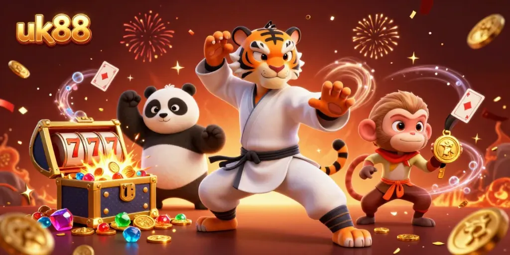 Experience the thrilling excitement of uk88 with a kung fu tiger mastering winning slots and golden treasures.
