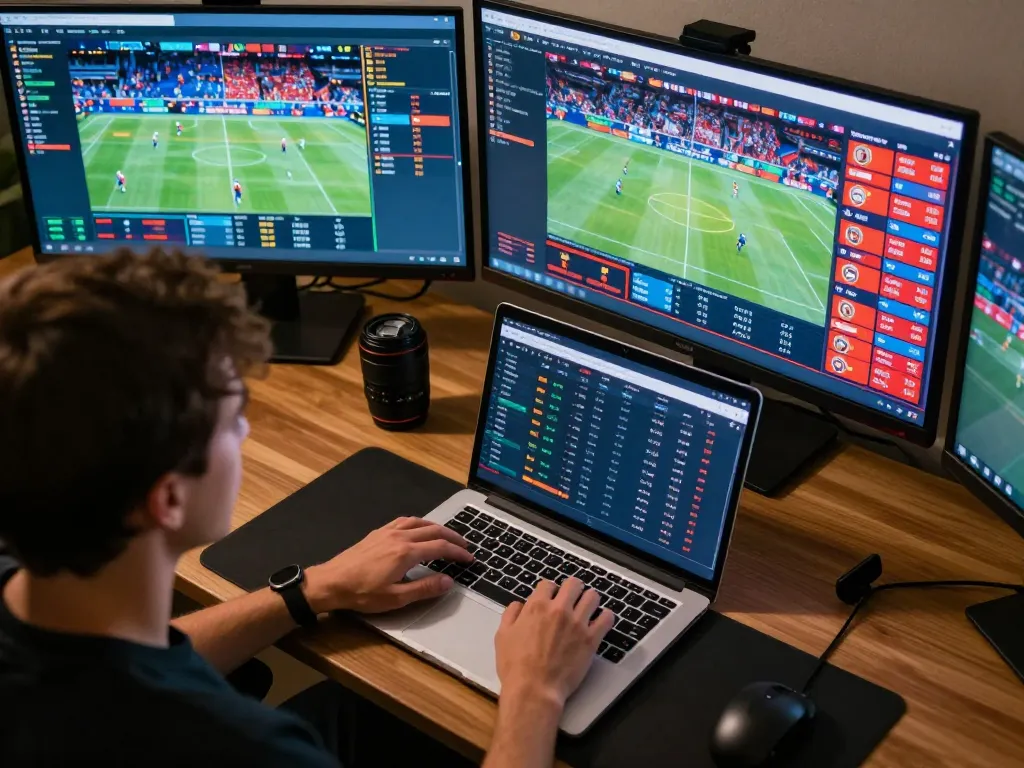Player analyzing sports betting odds on multiple screens, showcasing the excitement of 8xbet betting.