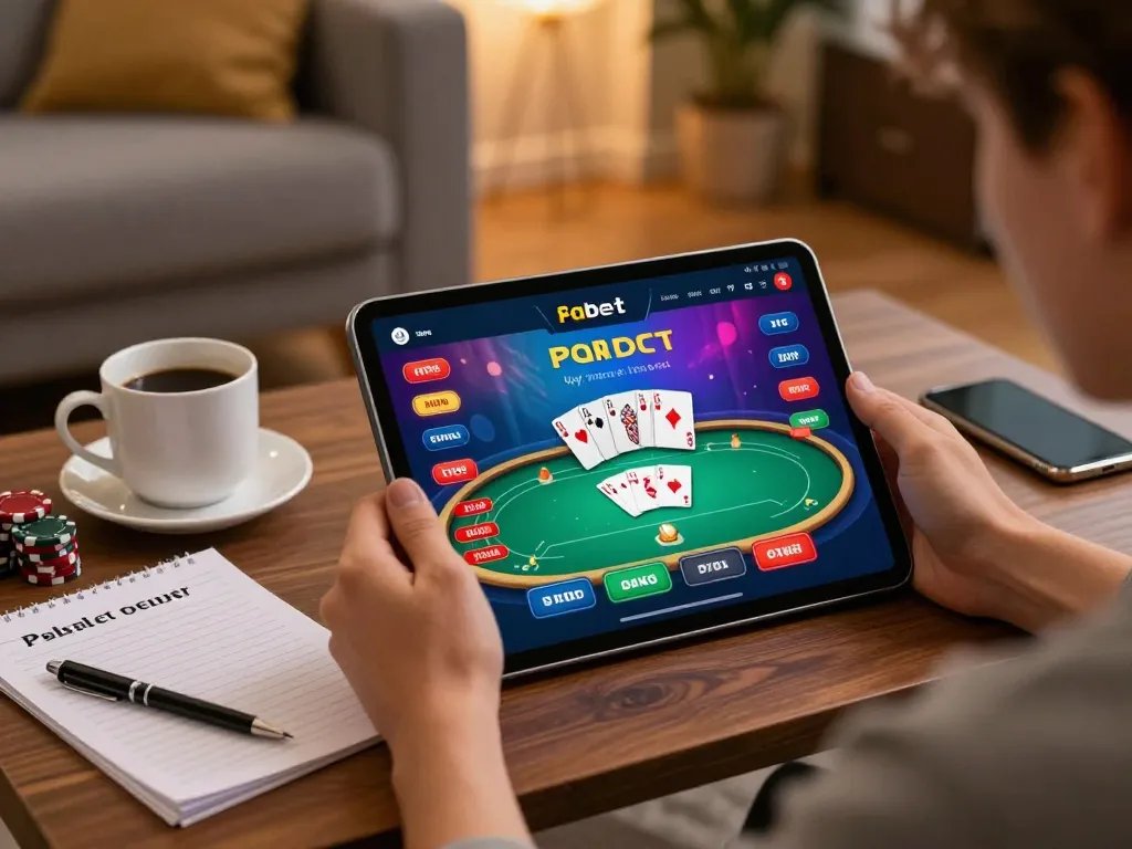 Experience Fabet uy tín while playing poker on a tablet in a cozy living room
