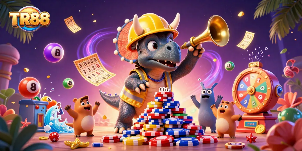 TR88 casino illustration featuring triceratops stacking poker chips with lottery elements.