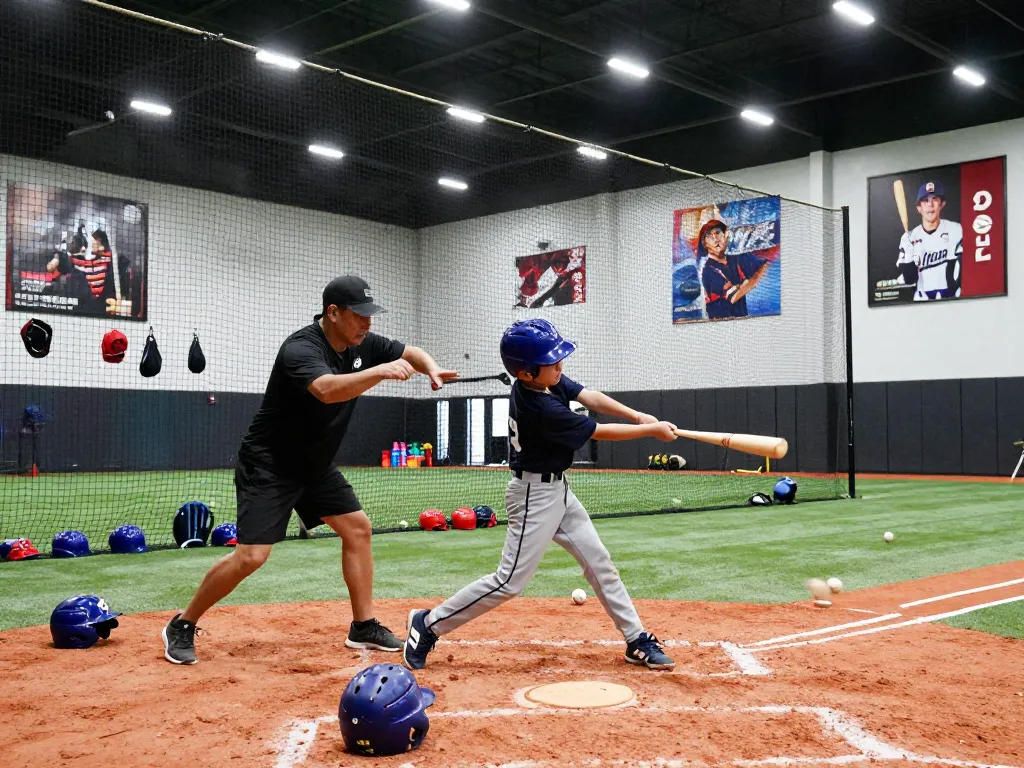 Young athlete training at hitclub baseball facility, demonstrating batting skills with coach's guidance