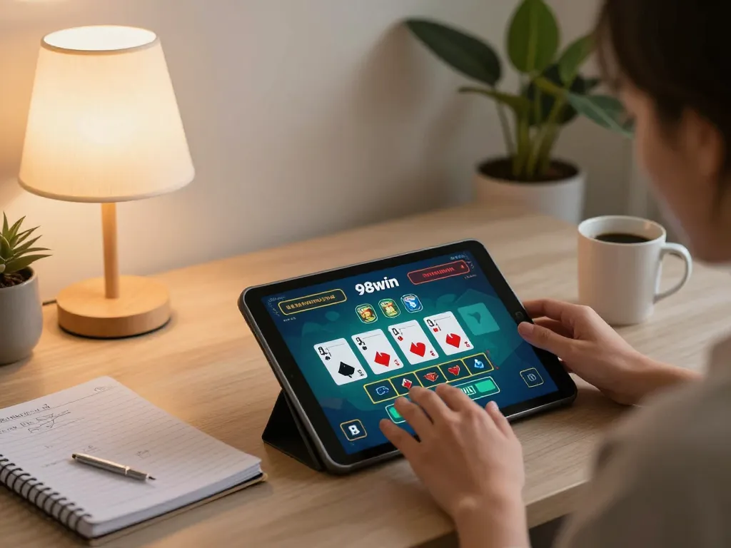 Person playing blackjack online at 98win, showcasing strategy notes and a modern gaming setup