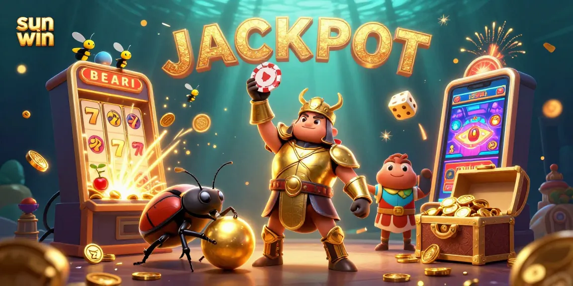 Experience the thrill of winning big at sun win with a jubilant beetle and jackpot celebration.