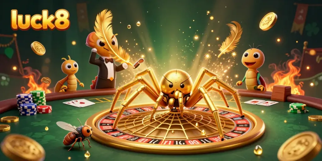 Fly nervously betting among golden spider and centipede croupier in a dynamic casino scene with luck8 branding.
