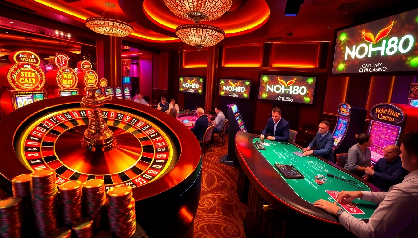 Players engaging in roulette and slots at NOHU90, surrounded by vibrant casino action.