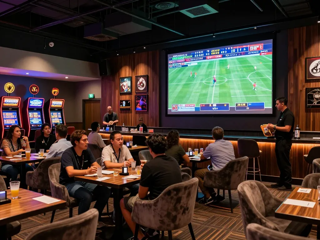 SBOBET patrons actively placing bets in a modern sports betting lounge, showcasing an exciting atmosphere.