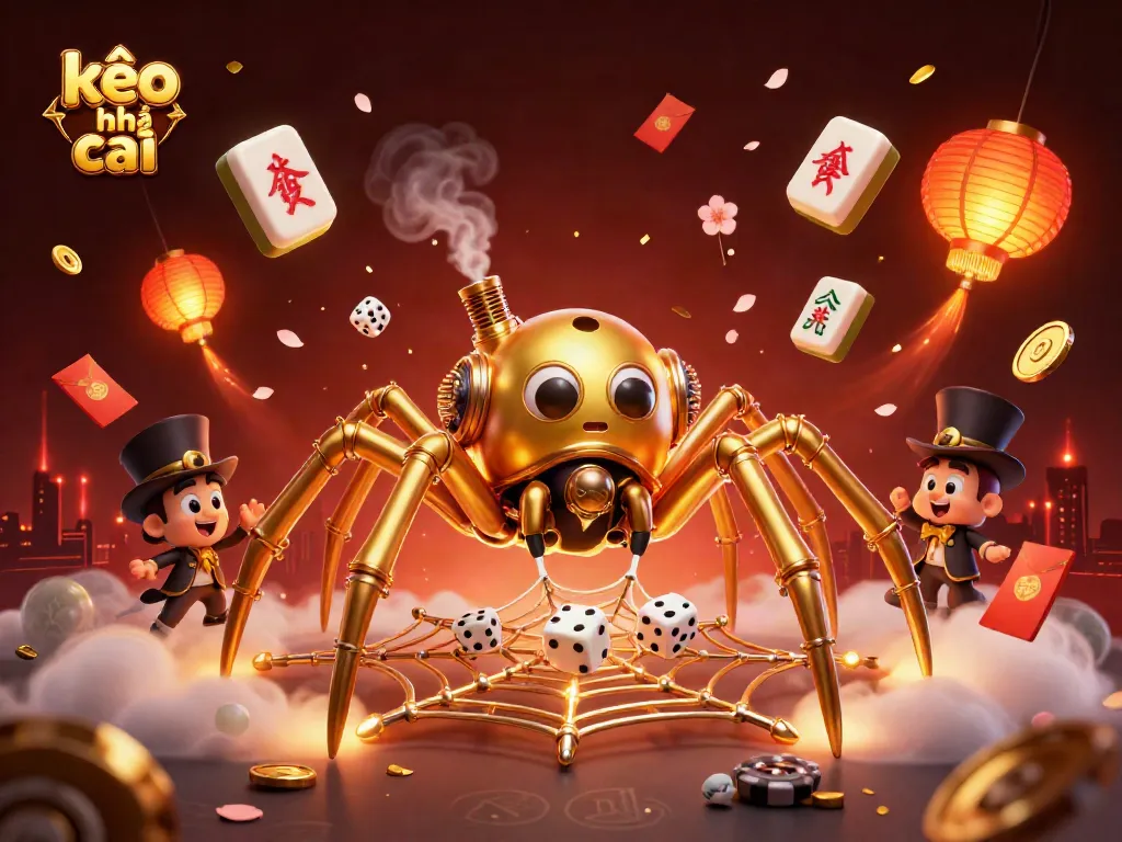 Engage with kèo nhà cái as a 3D golden spider weaves a web of victories in gambling.