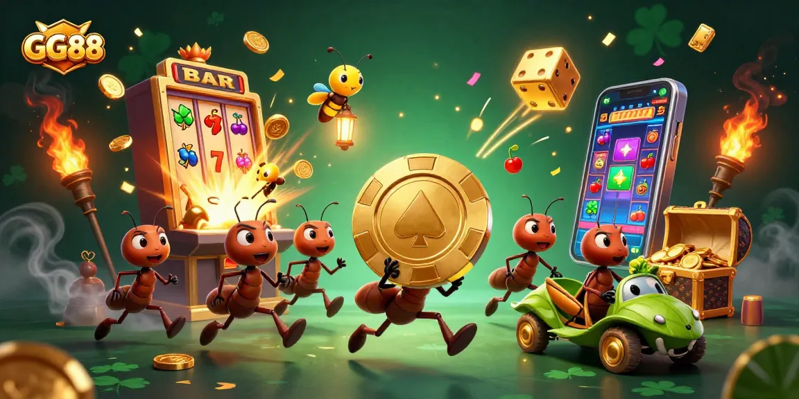 GG88 ants execute a heist with a golden poker chip, surrounded by casino elements like slots and gold.