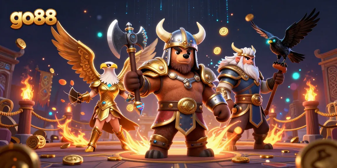 Engage with go88's thrilling casino experience through an epic 3D illustration of Viking and Valkyrie characters.