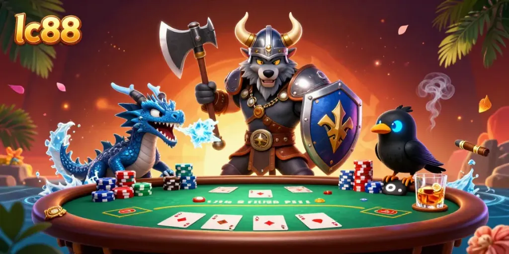 Experience the thrilling atmosphere at lc88 with Viking warriors, poker, and epic gaming elements.