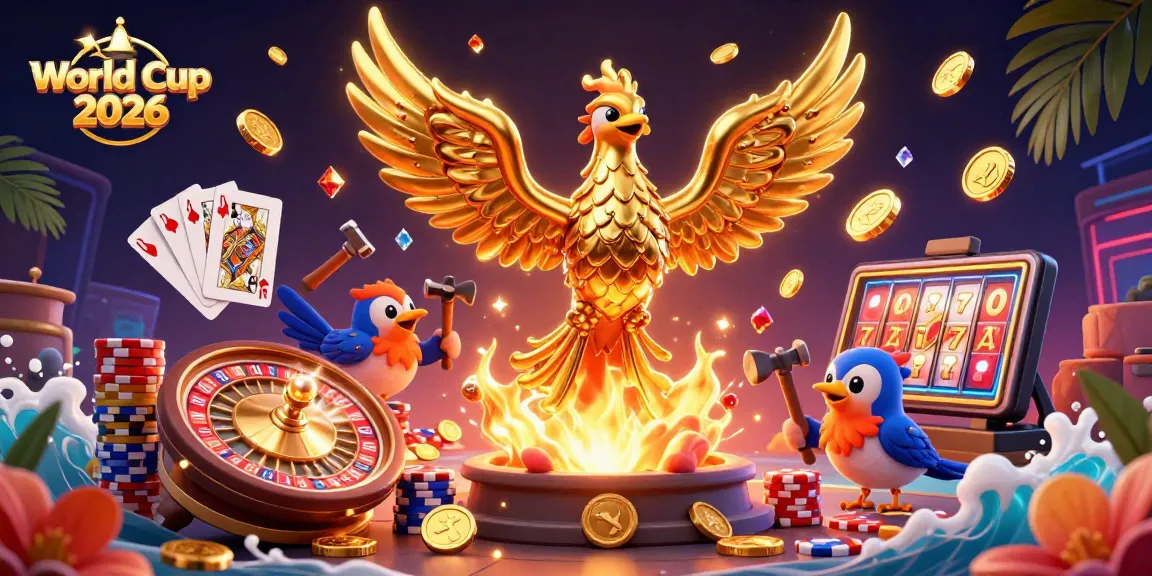 Win big at World Cup 2026 with a dynamic scene featuring a phoenix of gold amidst casino excitement.