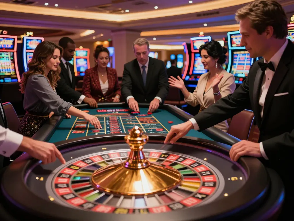 Players engage in thrilling roulette betting at a glamorous casino floor showcasing sunwin excitement.