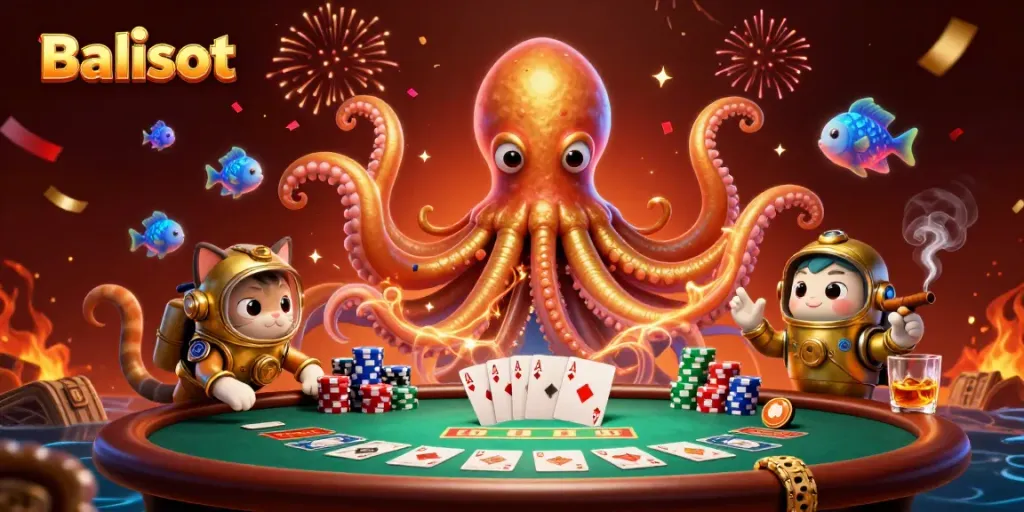 Experience the thrill of Balislot with a colorful kraken and diving cat at a poker table.