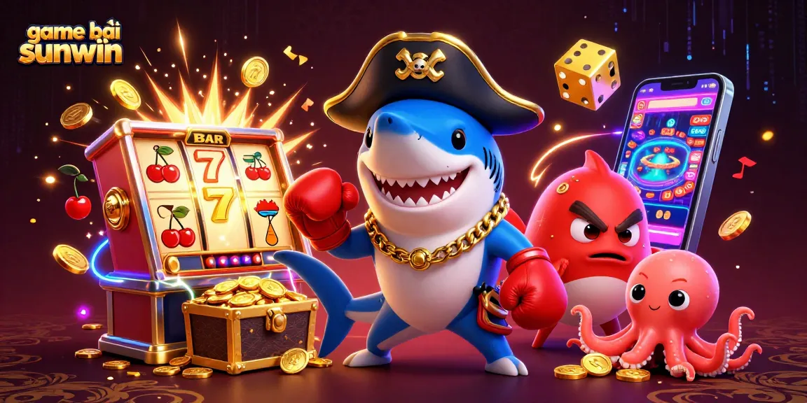 Engage in game bài sunwin with a dynamic scene featuring cartoon characters and slot machines.