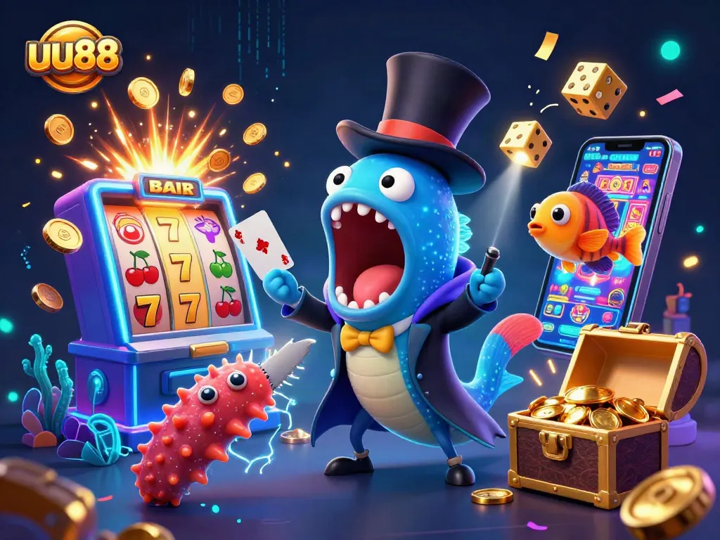 uu88 players winning with a captivating magician eel and lively casino elements in a vibrant underwater scene