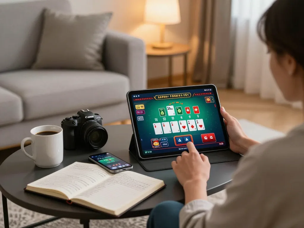 Engaging in responsible online gaming with thabete on a cozy sofa, tablet displaying blackjack action.