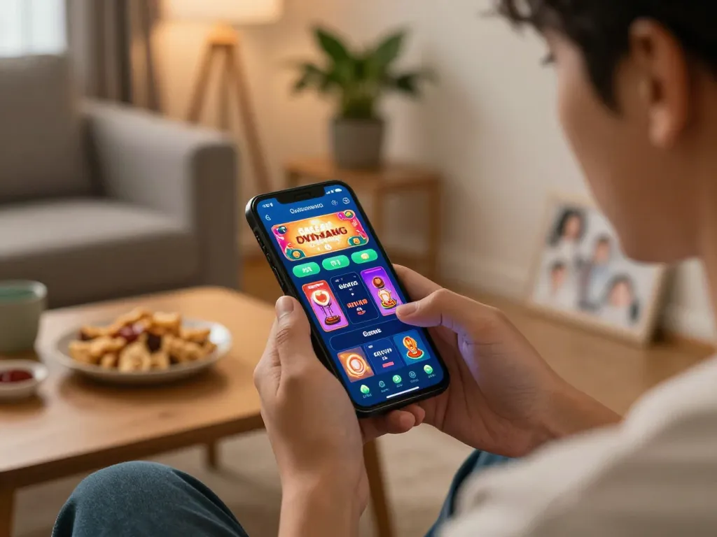 Engaging in Game Bài Đổi Thưởng on a smartphone in a cozy home setting