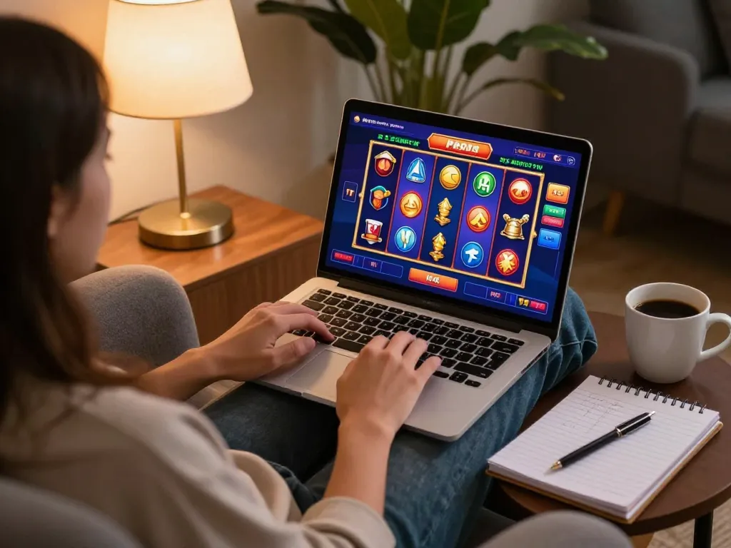 Player enjoying max88 online slots in a cozy home setting, reflecting responsible gaming habits.