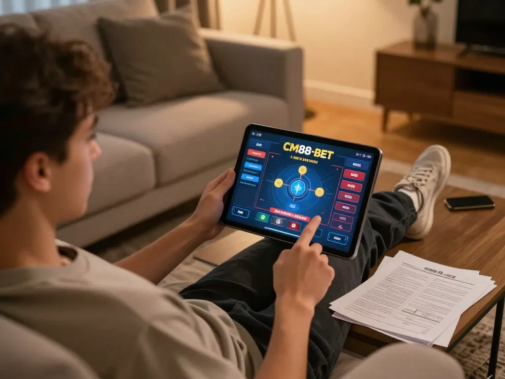 Player enjoying CM88-bet live dealer game on tablet amid notes for strategic gaming.