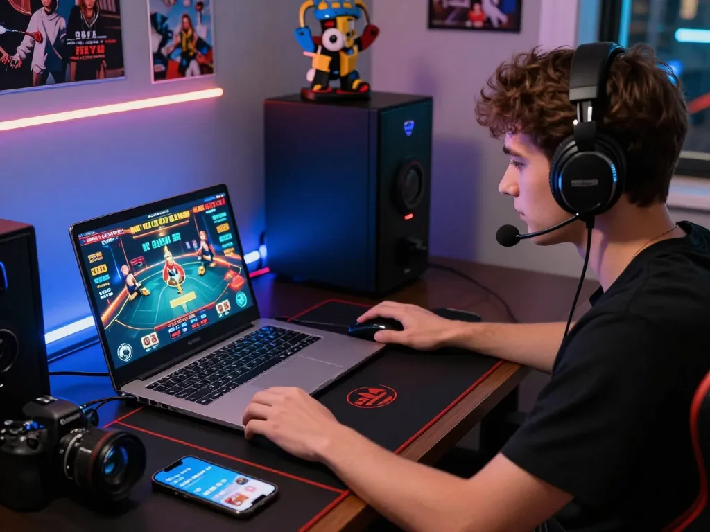 Young adult engaged in bomwin online poker game in a vibrant gaming room