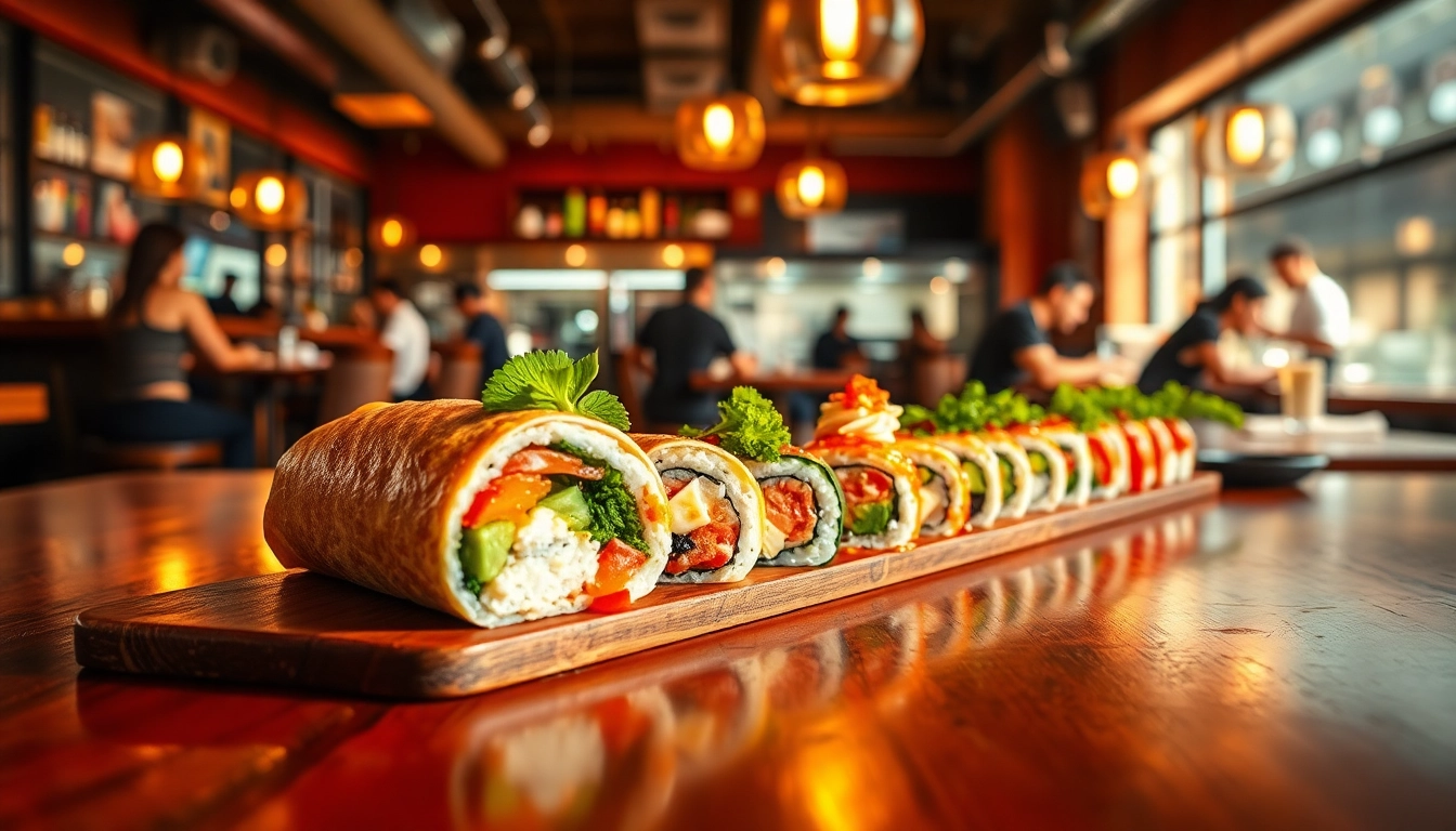 Delicious sushi burrito and sushi rolls from New 88 in an inviting restaurant setting.