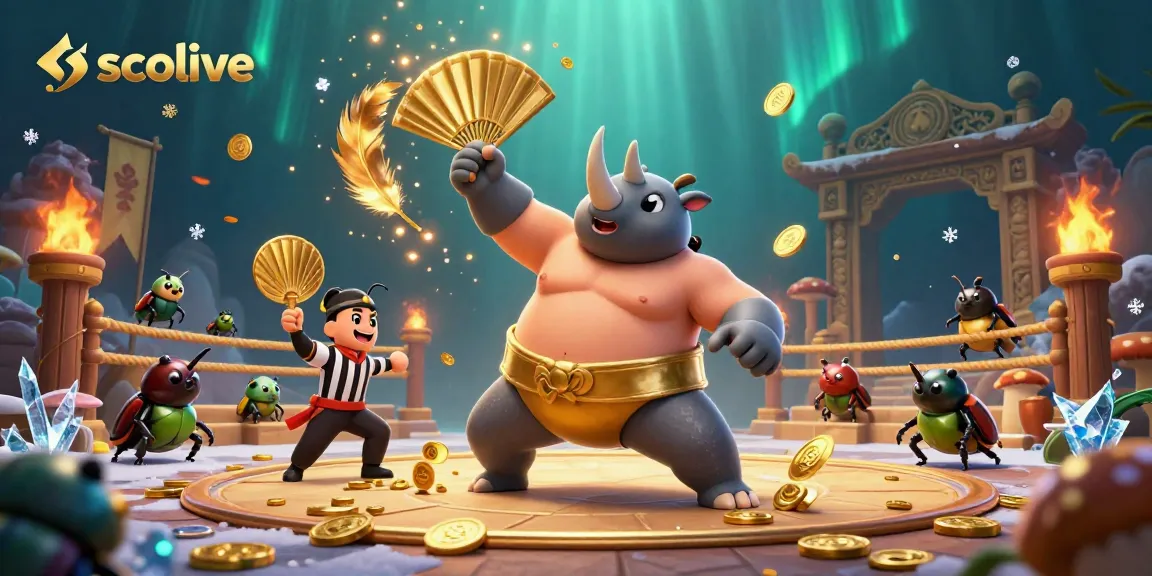 Socolive brings thrilling action to life as the sumo beetle champion delivers a powerful stomp, showering coins as the crowd cheers.