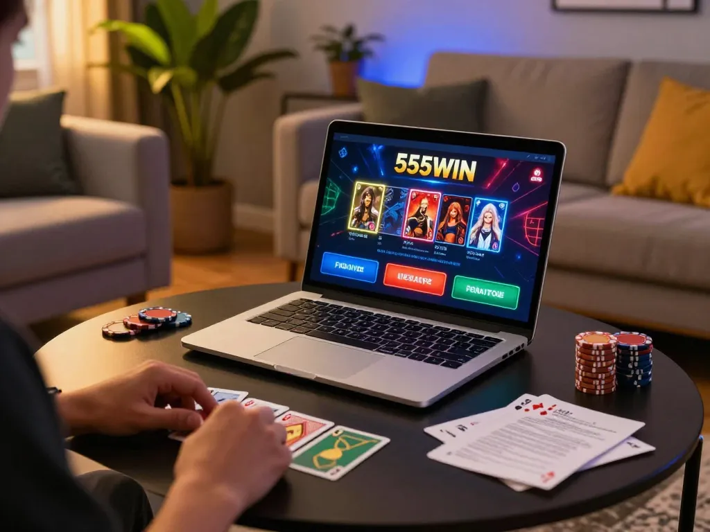 Player engaging in online gambling on 555WIN interface from a cozy home setup with strategic notes.