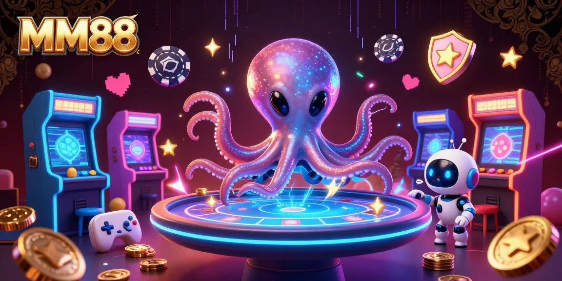 Engage with MM88 at a vibrant space-themed casino with colorful games and animated characters.